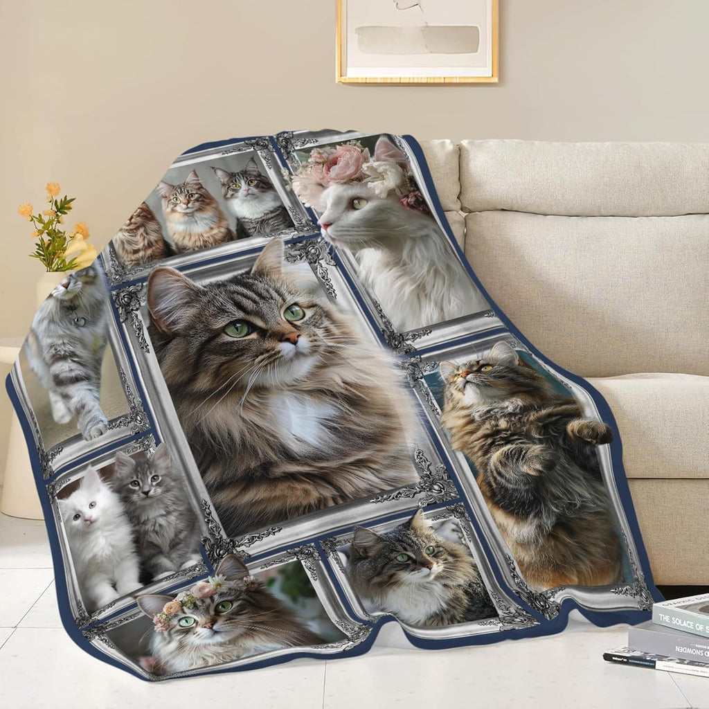 Maine Coon Cat Blanket Cute Kitten Throw Blankets Gifts for Girls Boys Kids Cat Lover Soft Cozy Fleece Plush for Couch Sofa Bed 80"x60"