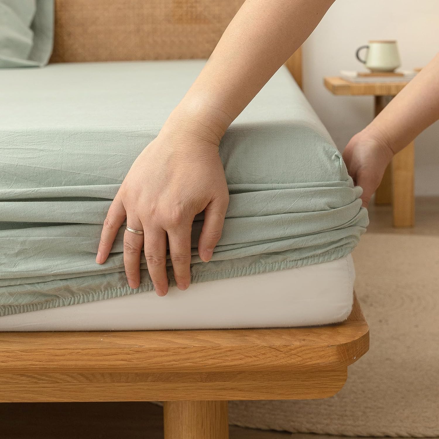 BESTOUCH Sheet Set 100% Washed Cotton Linen Feel Super Soft Comfortable Chic Lightweight 4 Pcs Home Bedding Set Solid Sage Green Full