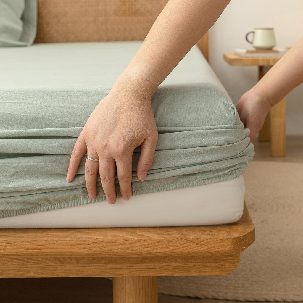 BESTOUCH Sheet Set 100% Washed Cotton Linen Feel Super Soft Comfortable Chic Lightweight 4 Pcs Home Bedding Set Solid Sage Green Cal King