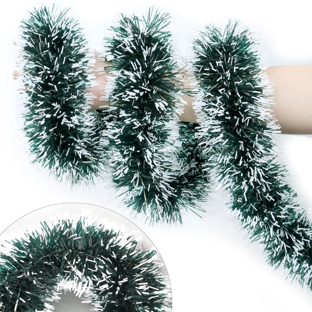50 Feet Green White Christmas Tinsel Garland Christmas Decorations, Thick Metallic Twist Shiny Hanging Tinsel Garlands for Xmas Tree Decor Stairs Mantle Fireplace Home Indoor Holiday Party Supplies