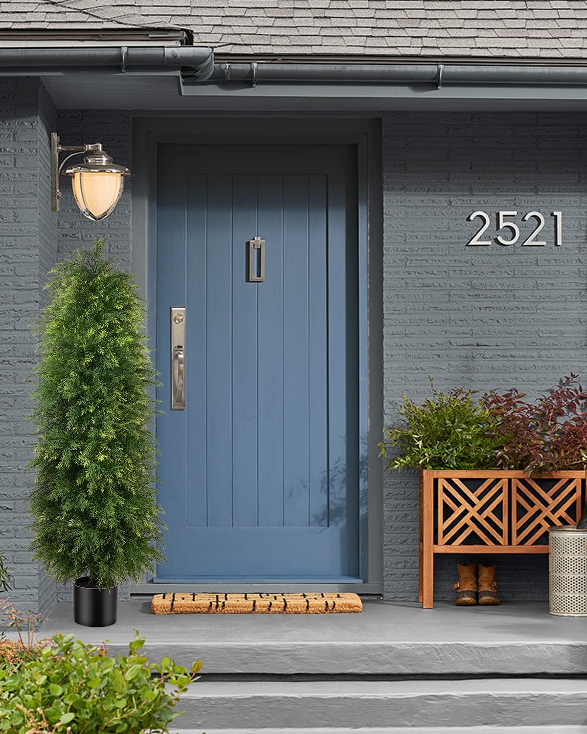 2 Pack 5ft Artificial Cedar Topiary Trees, Outdoor Artificial Plants for Front Porch Décor, Artificial Shrubs Fake Plants Uv Rated Potted Plants for Outdoor, Indoor, Front Door, Office
