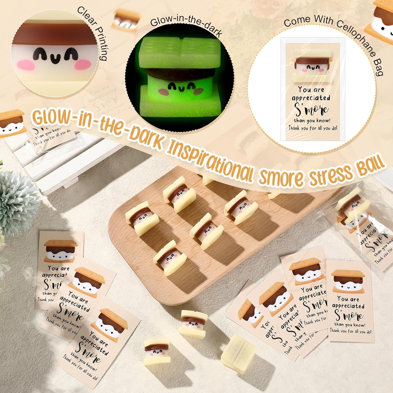 Wettarn 30 Sets Emotional Luminous Smore Stress Ball Gifts Bulk Office Christmas Appreciation Gift Cute Marshmallow Squeeze Mini Stress Relief Ball Positive Cards for Coworker Nurse Student Staff