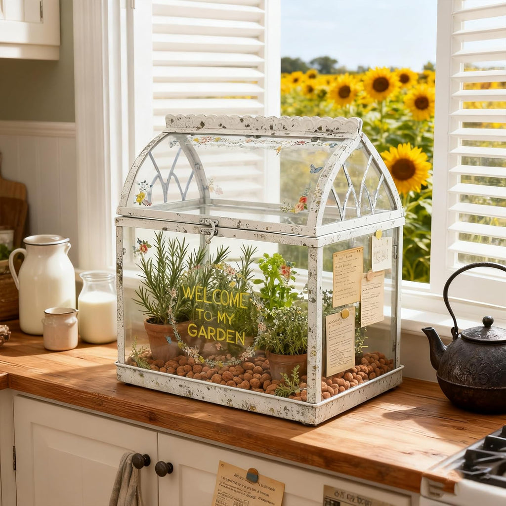 Large House Shape Glass Terrarium with Acrylic Lid, White Geometric Greenhouse - Style Planter for Ferns, Succulents, Air Plants, Handmade Indoor Tabletop Decor (Terrarium Only)
