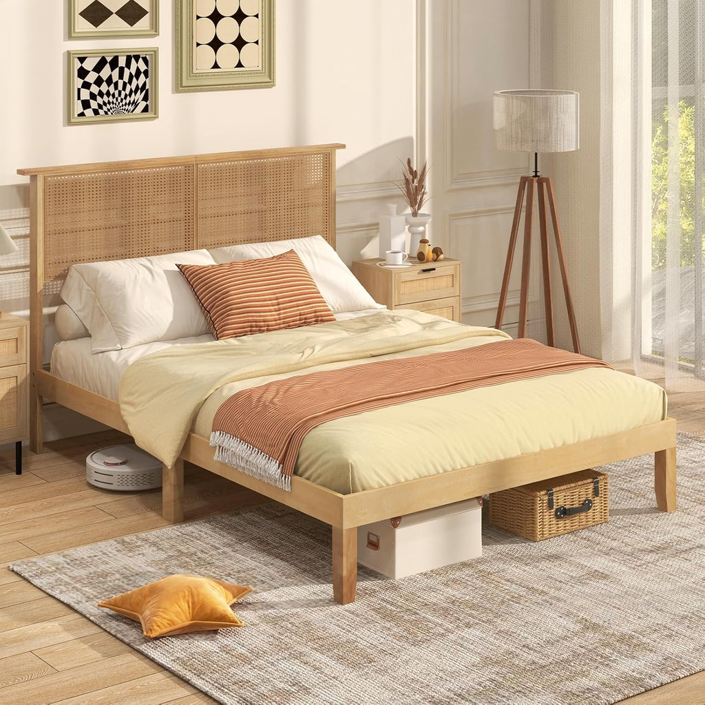 Giantex Rattan Full Bed Frame with Rattan Headboard, Boho Solid Wood Platform Bed with Wooden Slats, 12 Inch Full Size Bed Frame with Storage Underneath, No Box Spring Needed, Natural