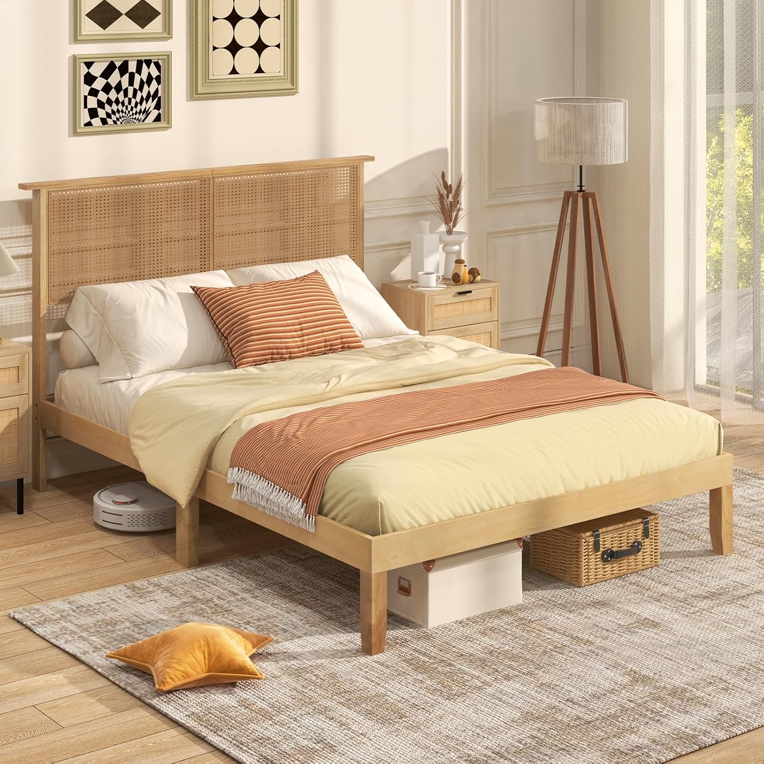 Giantex Rattan Full Bed Frame with Rattan Headboard, Boho Solid Wood Platform Bed with Wooden Slats, 12 Inch Full Size Bed Frame with Storage Underneath, No Box Spring Needed, Natural