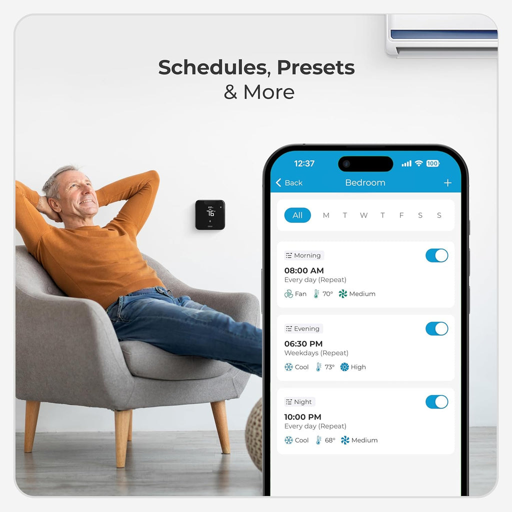 Breez Max | ENERGY STAR CERTIFIED Smart AC Controller | WiFi Thermostat for Mini-Split, Window, Portable ACs/Heat Pumps | AI-Based Tech | Free App, No Subscriptions | Alexa, Google, IFTTT etc. (Black)