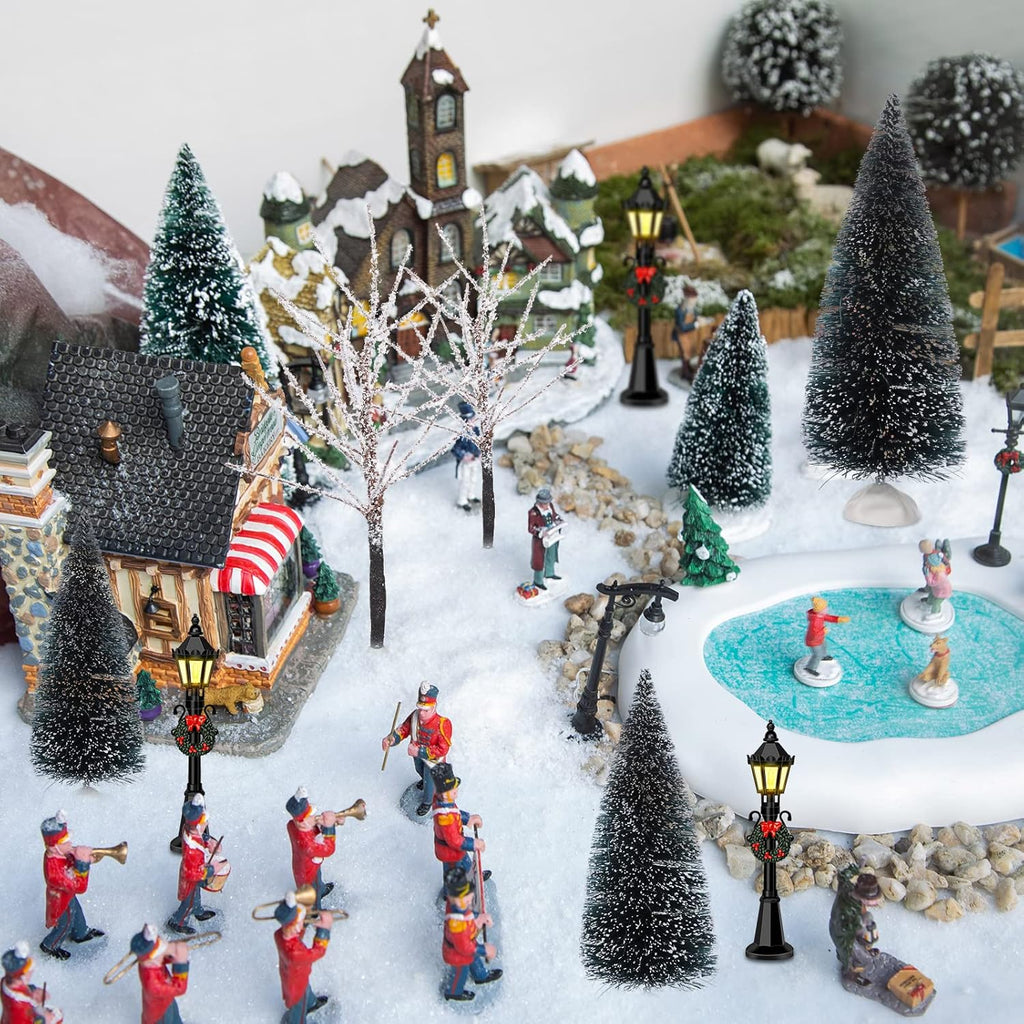 Couome Christmas Village Decor Set, 12 Pieces Including Mini Trees and Street Lamps, Ideal for Displays