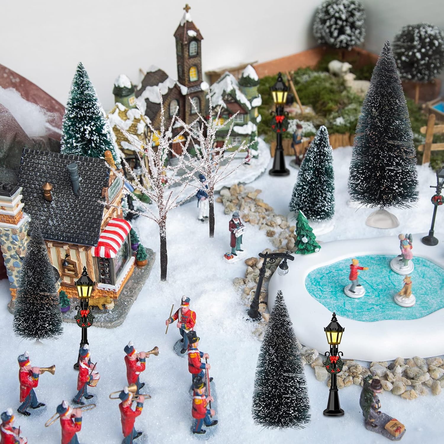 Couome Christmas Village Decor Set, 12 Pieces Including Mini Trees and Street Lamps, Ideal for Displays