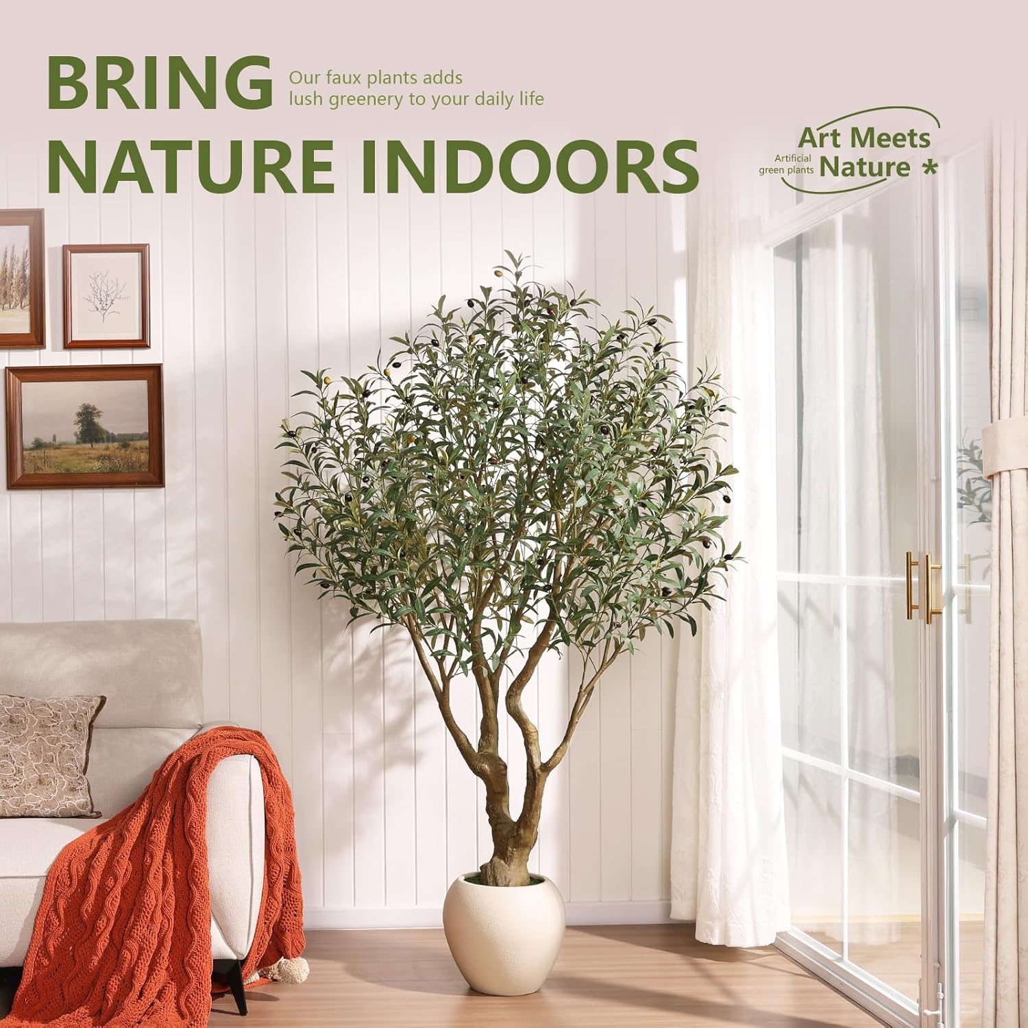 Artificial Olive Tree 6FT Faux Plant Home Decor - Large White Pot with Lifelike Silk Leaves, UV Resistant & No Maintenance - Indoor Outdoor Fake Tree for Modern Office Living Room,VN164