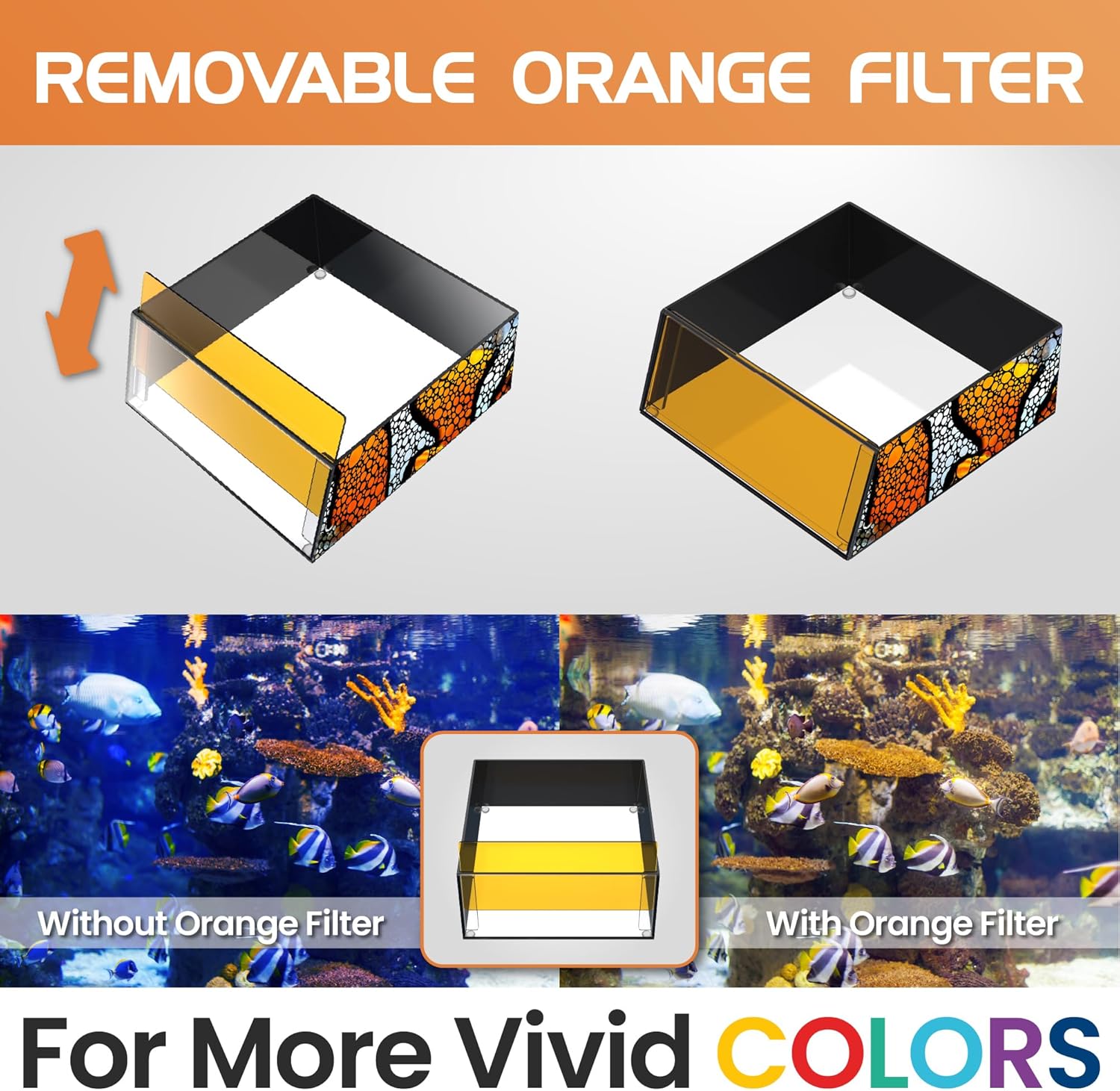 Flipper Ultra Clear Aquarium Top Down Underwater Viewer with Removable Orange Filter for Coral and Fish Observation - Aquarium Filter with Unique Artwork Box - Ideal for Color Coral and Reef Pictures