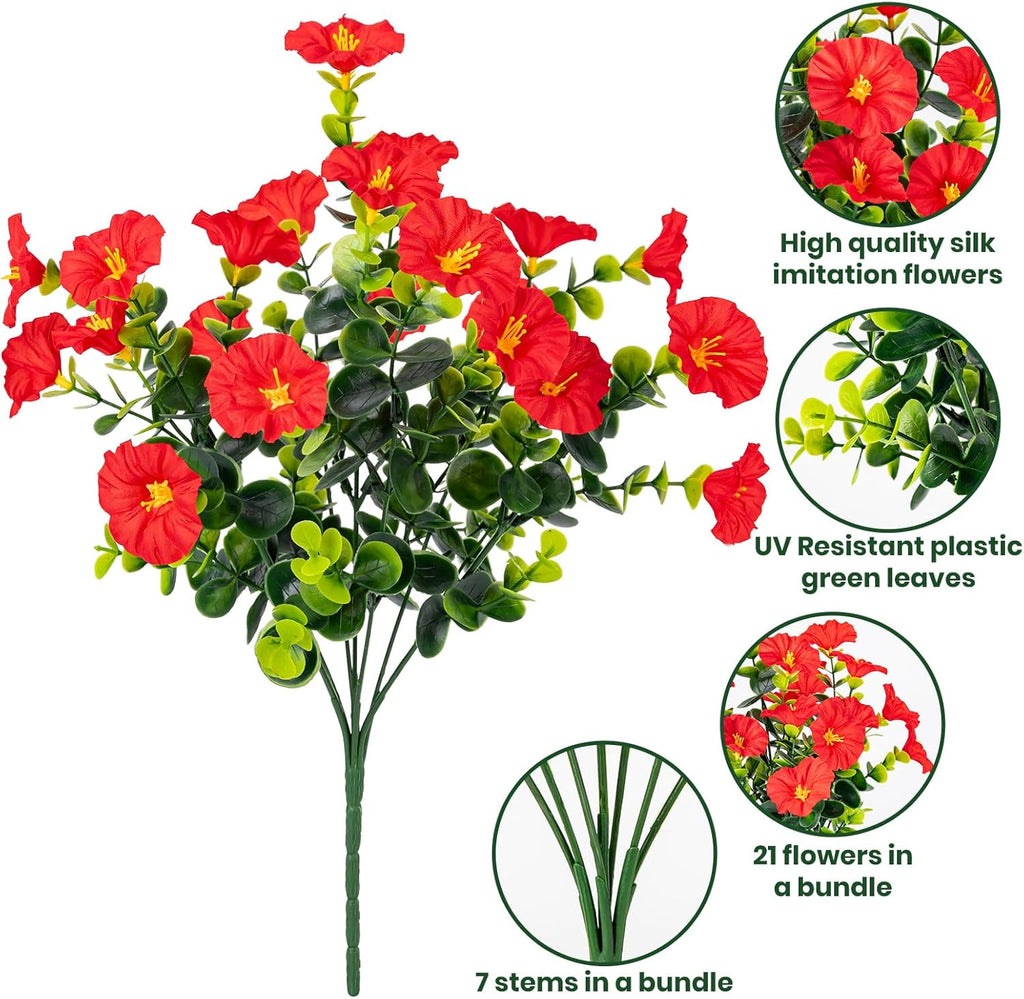 Artificial Faux Flowers for Outdoor 16 Bundles Boxwood Fake Morning Glory for Planter,UV Resistant Fake Flowers for Home Porch Patio Outside（Red）