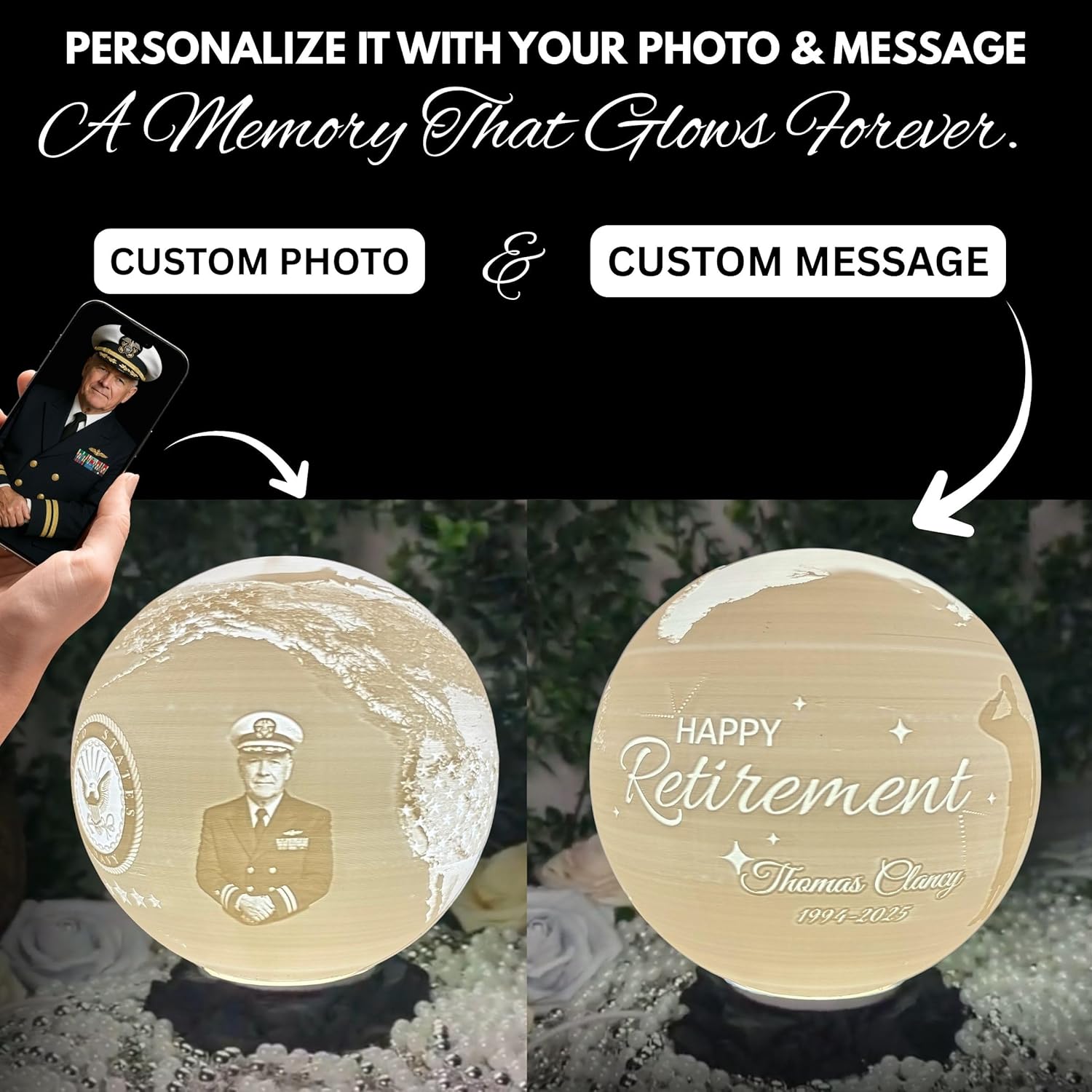 Personalized U.S. Navy Moon Lamp with Custom Photo & Text - Custom Army Moon Night Light with U.S. Navy Logo - Gift for Sailors, Veterans, Soldiers & Military Families