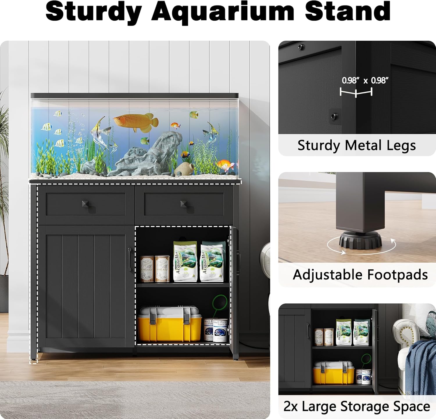 Pipleo 40-50 Gallon Aquarium Stand with Power Outlets, Cabinet for Fish Tank Accessories Storage, Heavy Duty Metal Fish Tank Stand Suitable for Turtle Tank, Reptile Terrarium, 660LBS Capacity, Black