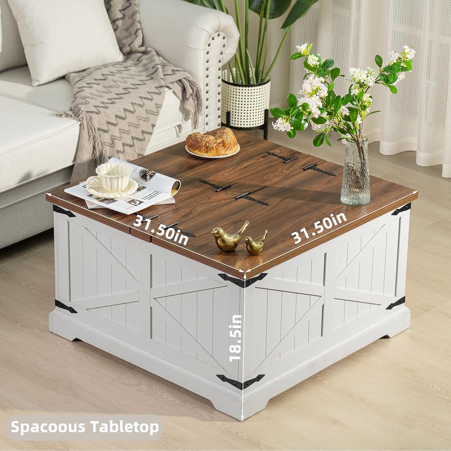Farmhouse Coffee Table with Large Hidden Storage Compartment, Antique White Square Center Table, Wood Rustic Low Modern Living Room Tables with Hinged Lift Brown Top & Wooden Arc Base