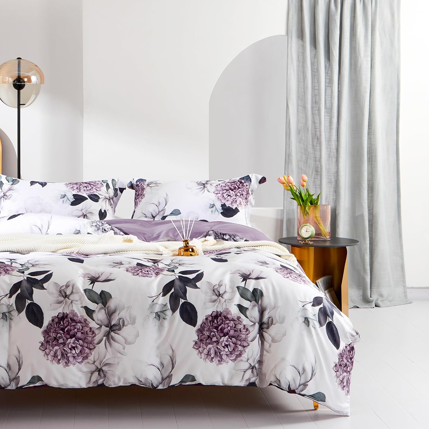 MILDLY 100% Long-Staple Cotton Duvet Cover Set Hydrangea Lotus Flower Pattern Printed Comforter Cover 3pcs, Ultra Soft & Breathable Bedding Set