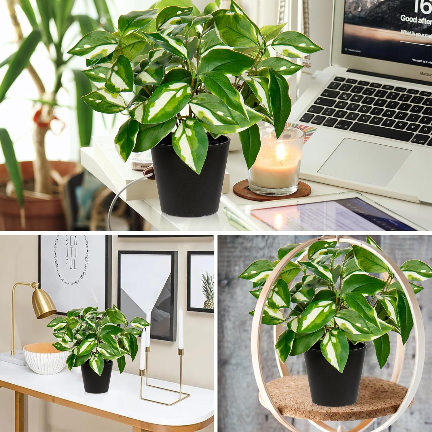 Oairse Artificial Plants Indoor Small Fake Plants in Pots Faux Pothos N‘ Joy Potted Plant Fake Indoor Plants with Black Pots for Bathroom Living Room Office Desk Shelves