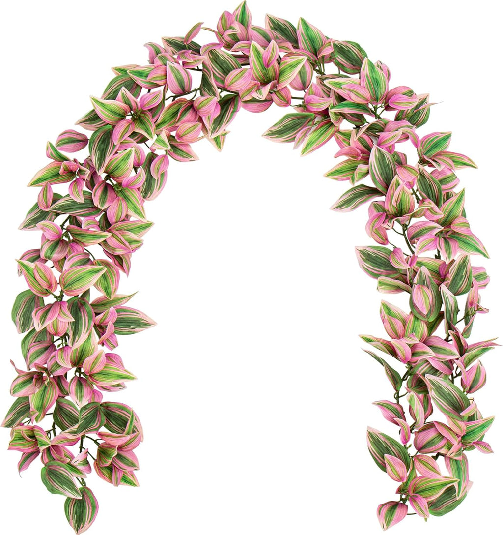 2Pcs 5.6FT Artificial Leaf Hanging Plant Faux Tradescantia Zebrina Garland Plants Fake Vines Leaves Greenery for Boho Wedding Party Front Door Wall Stair Home Decor Pink
