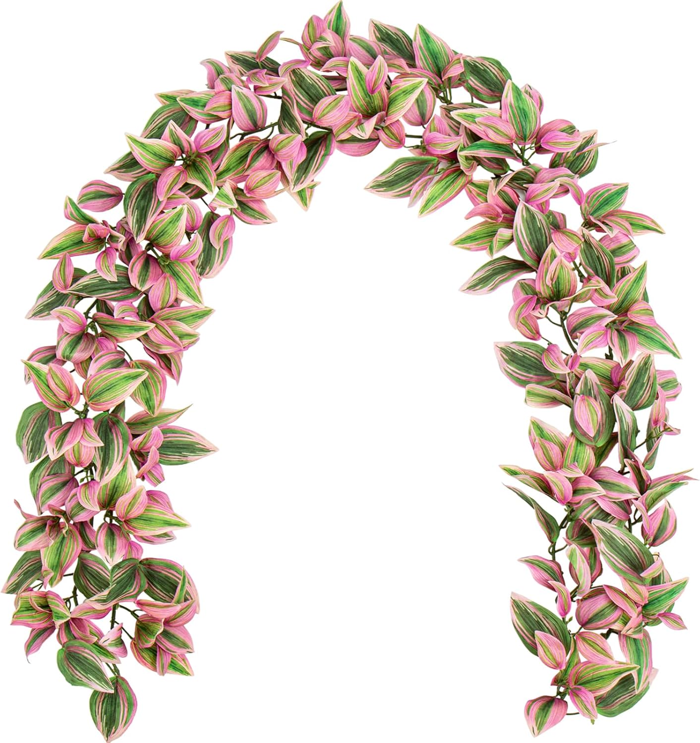 2Pcs 5.6FT Artificial Leaf Hanging Plant Faux Tradescantia Zebrina Garland Plants Fake Vines Leaves Greenery for Boho Wedding Party Front Door Wall Stair Home Decor Pink