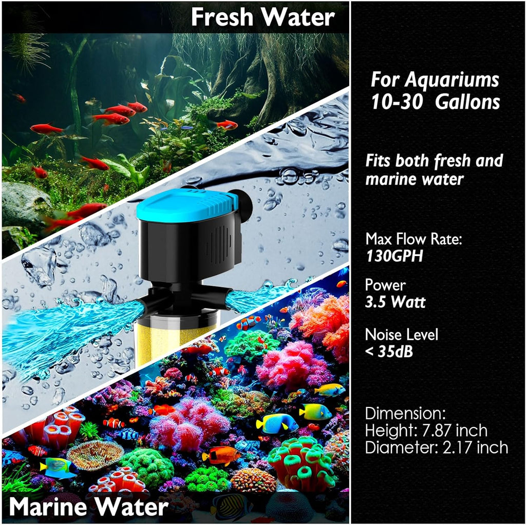 AquaMiracle Submersible Aquarium Filter 3-Stage in-Tank Filter with Dual Water Outlet & Aeration, 130GPH Internal Fish Tank Filter for 10-30 Gallon Aquariums