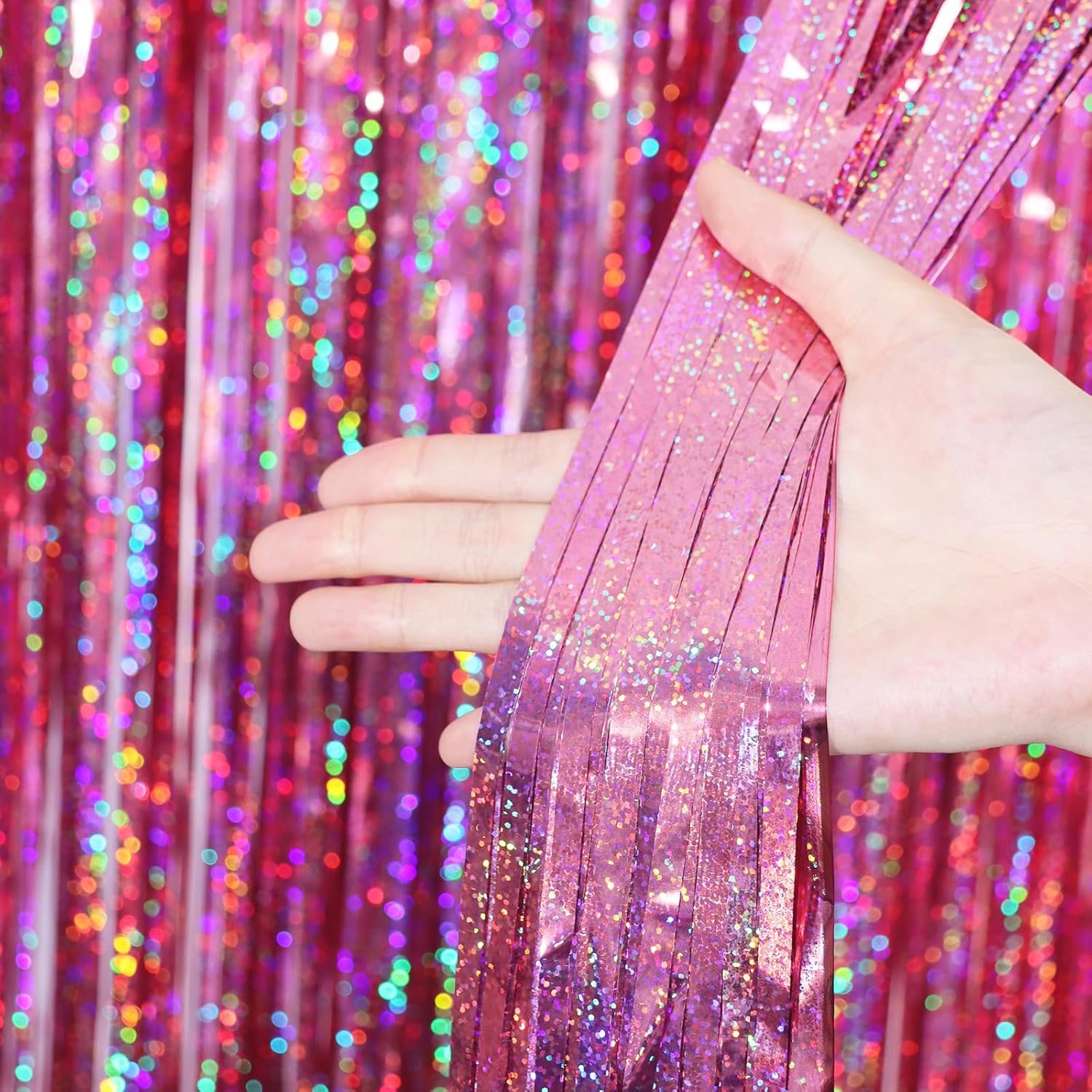 2 Pack Laser Pink Tinsel Foil Fringe Curtains, Mothers Day Pink Decorations, Metallic Tinsel Party Streamers Backdrop for Birthday Bachelorette Graduation Wedding Party Decorations