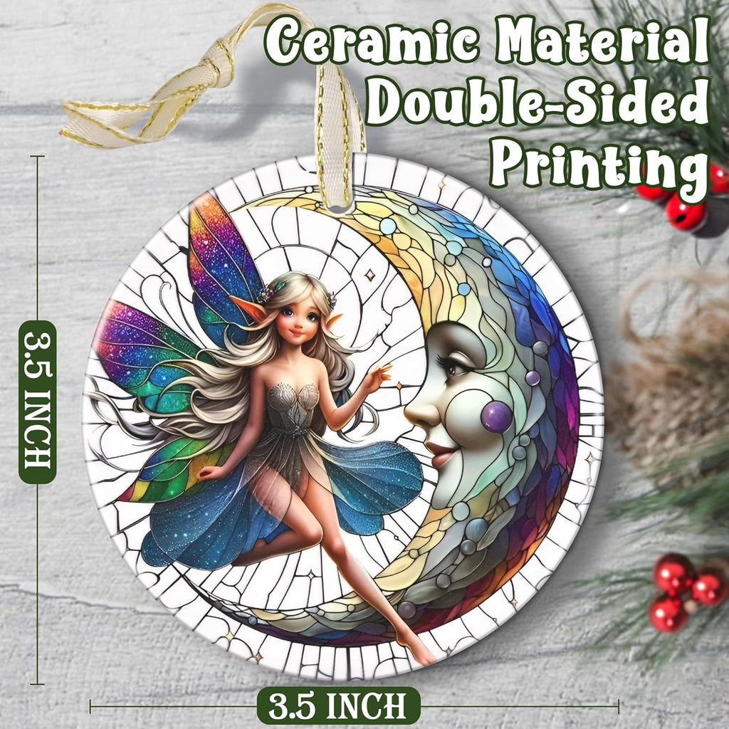 2025 Moon and Fairy Ornaments for Christmas - Round Ceramic, Holiday Decor, Christmas Tree Decoration, Gift Idea for Women
