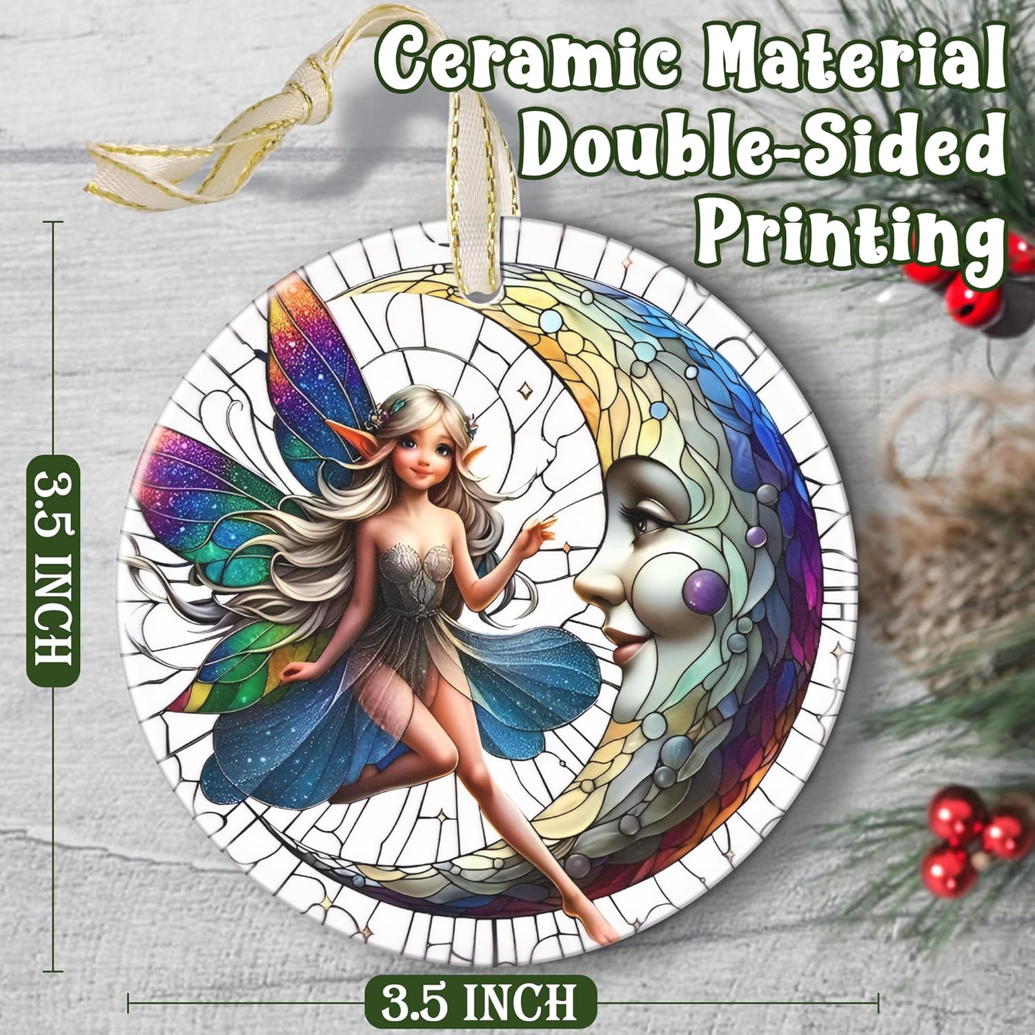 2025 Moon and Fairy Ornaments for Christmas - Round Ceramic, Holiday Decor, Christmas Tree Decoration, Gift Idea for Women