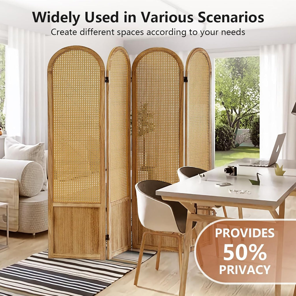 Room Divider 4 Panel, Folding Privacy Screen, Foldable Wood Divider Room Dec, Rattan Room Divider, Portable Partition Screen, Wall Divider for Room Separation Bedroom Home Office (Natural)