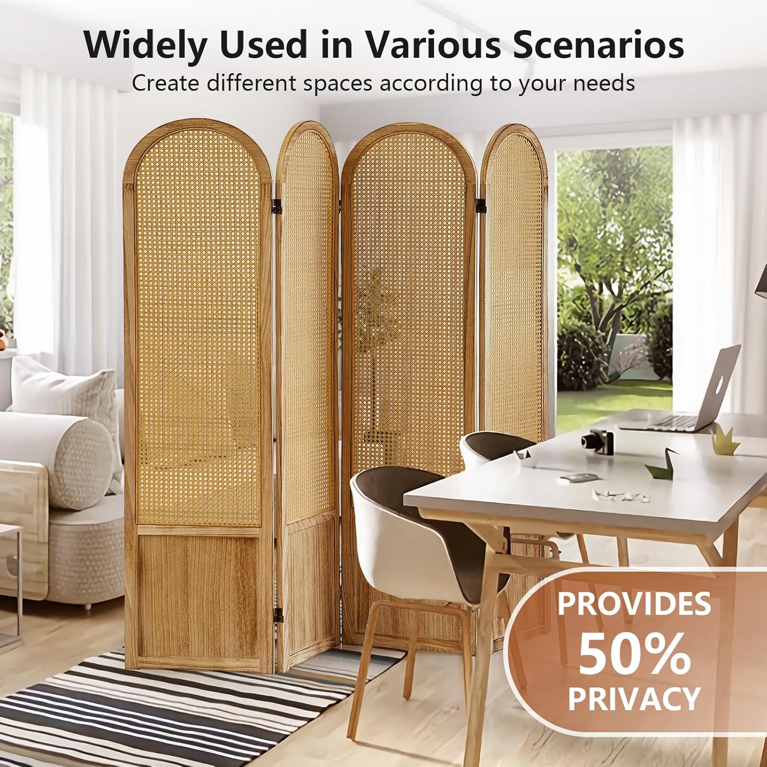 Room Divider 4 Panel, Folding Privacy Screen, Foldable Wood Divider Room Dec, Rattan Room Divider, Portable Partition Screen, Wall Divider for Room Separation Bedroom Home Office (Natural)