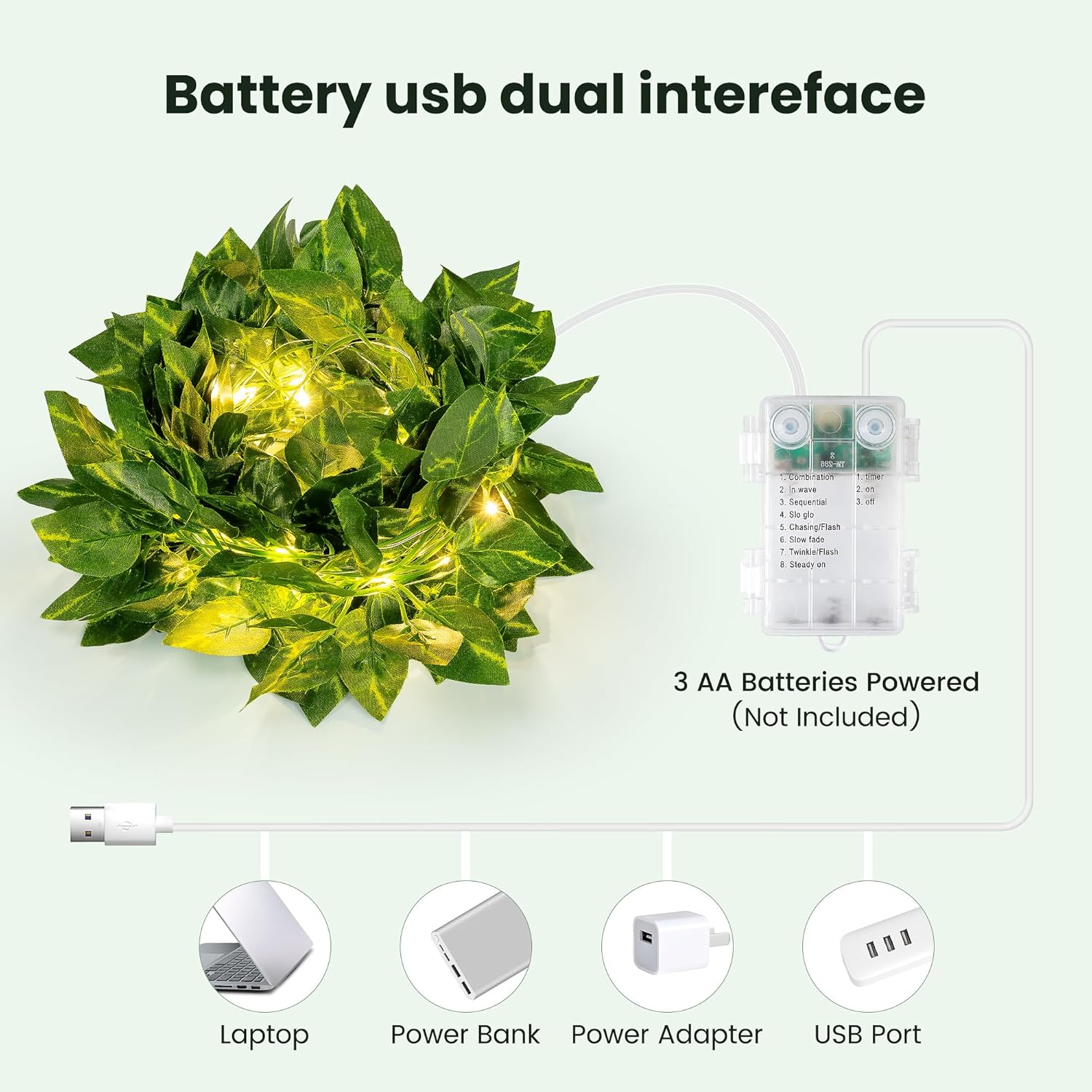 HEYFUNi Vines with Lights, 23 Ft 73 Led Faux Pothos Vines with Fairy Lights USB/Battery Operated, Leaf String Lights for Bedroom, Wall, Balcony, Wedding Decor, Warm White
