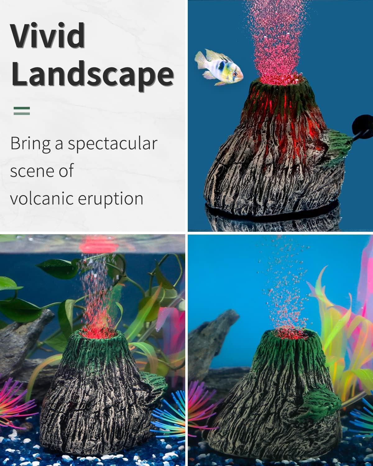 Uniclife Aquarium Volcano Ornament Kit Realistic Resin Volcanic Decoration with Air Stone Bubbler Red LED Light Decor for Fish Tank Landscape Addition and Oxygenation