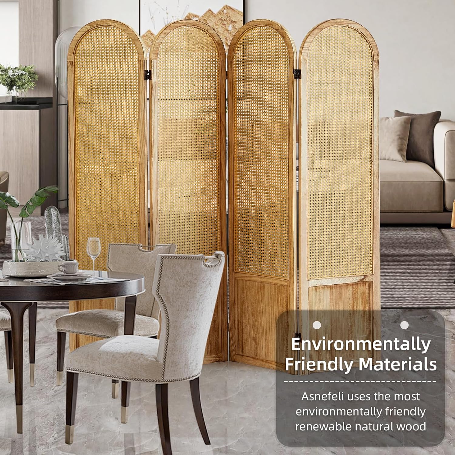 Room Divider 4 Panel, Folding Privacy Screen, Foldable Wood Divider Room Dec, Rattan Room Divider, Portable Partition Screen, Wall Divider for Room Separation Bedroom Home Office (Natural)