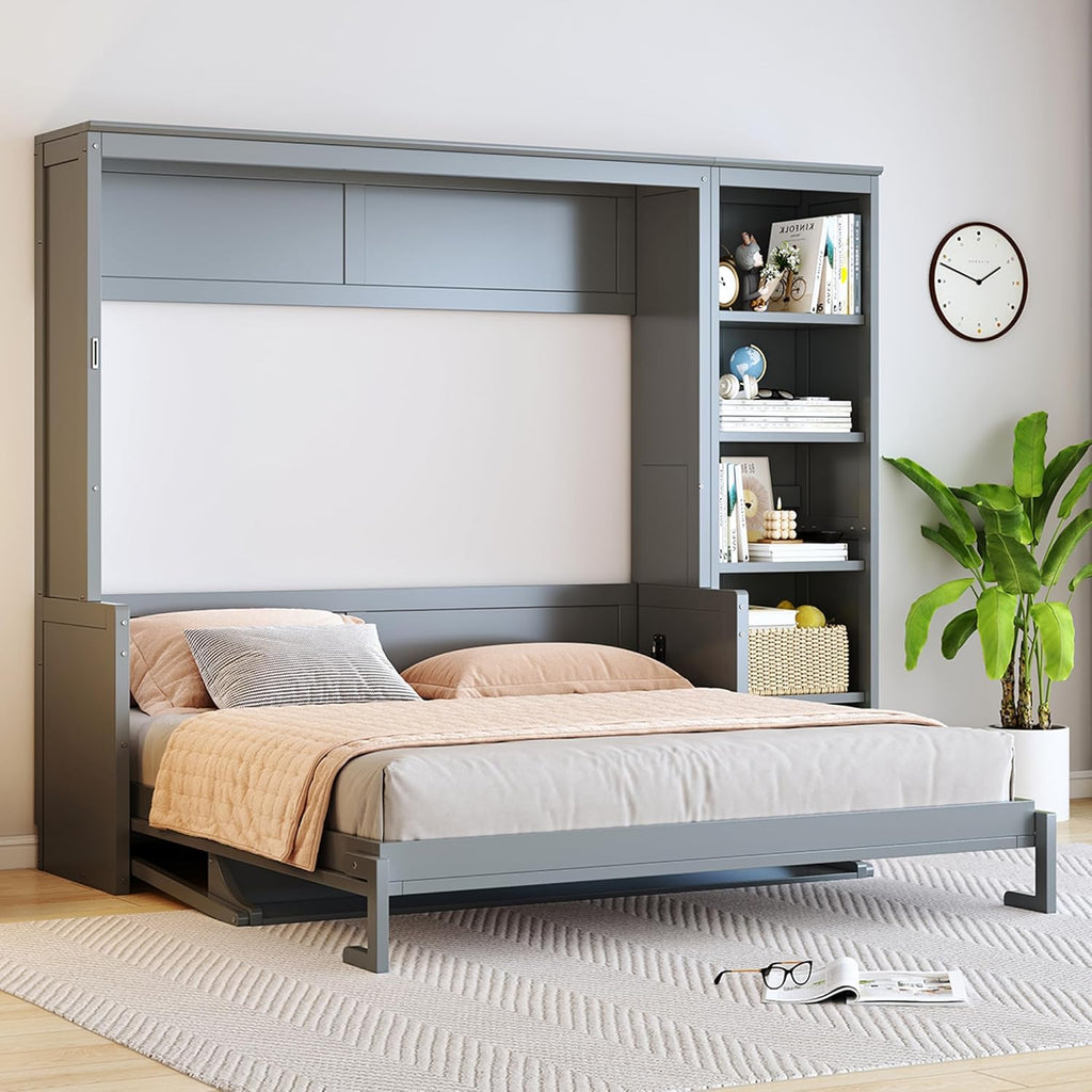 MERITLINE Queen Murphy Bed with Desk and Storage Shelves,Wood Hideaway Murphy Wall Bed with Storage Bookcase for Adults (Grey)