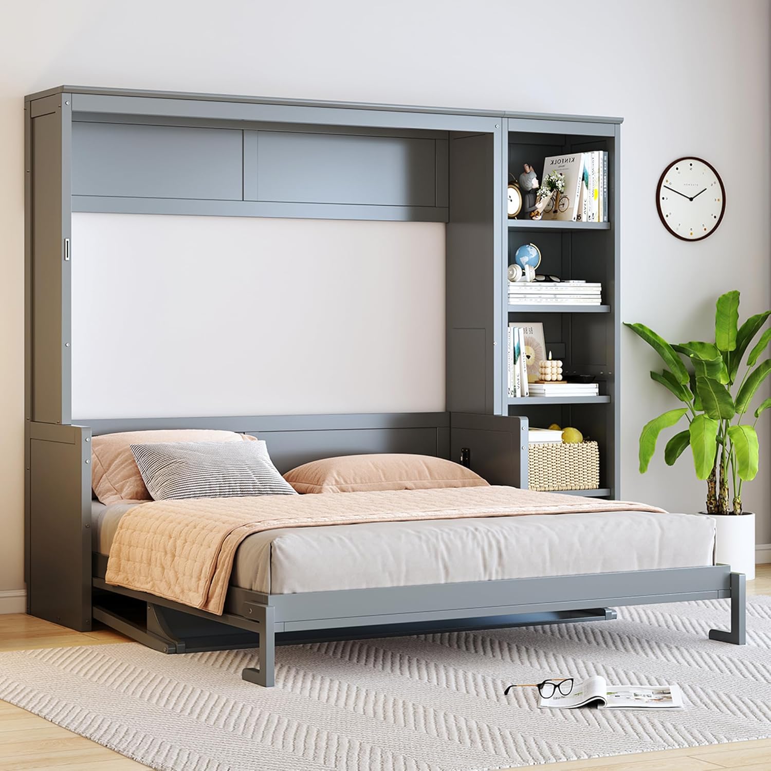 MERITLINE Queen Murphy Bed with Desk and Storage Shelves,Wood Hideaway Murphy Wall Bed with Storage Bookcase for Adults (Grey)