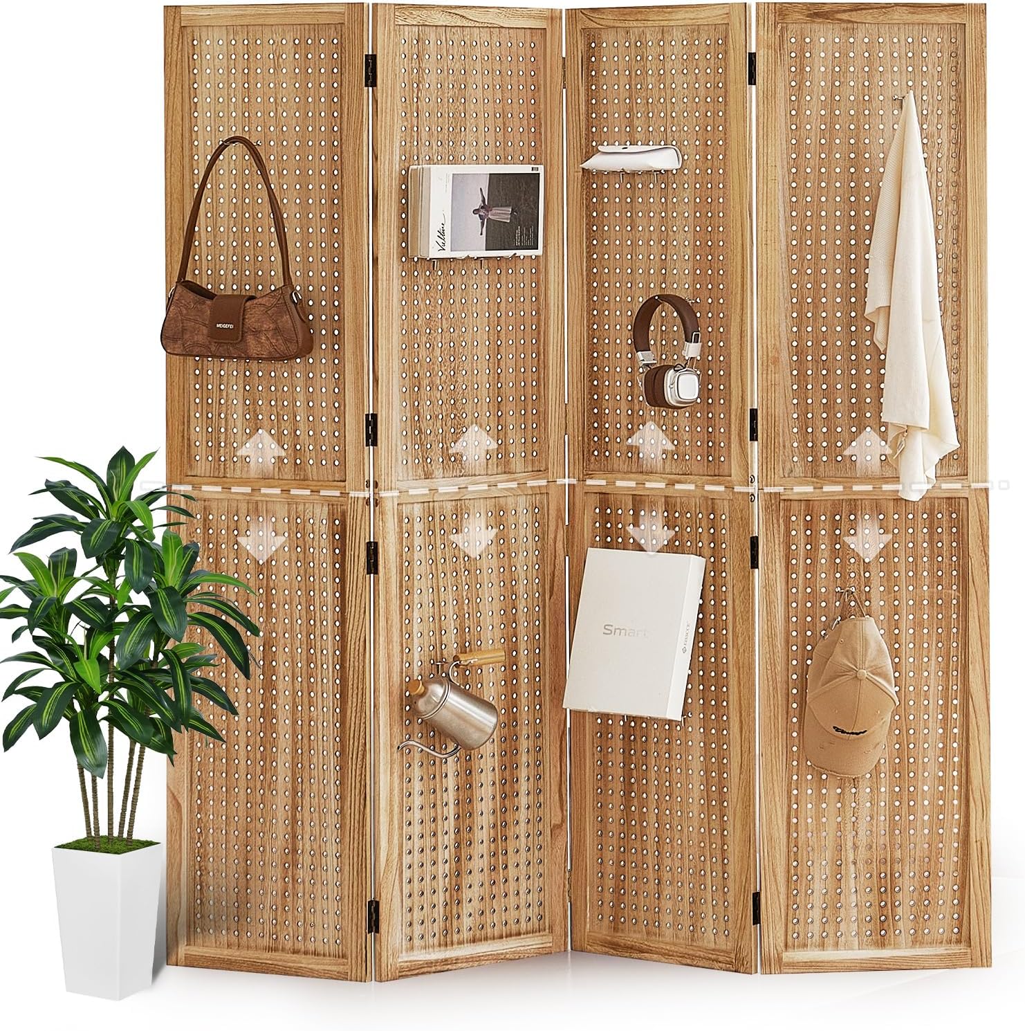 5.6Ft Wood PegBoard Room Divider 4 Panel Detachable Folding Privacy Screen Pegboard Display 33.5" 2in1 Standalone Portable Wall Divider Room Partition for Jewelry, Craft Show, Bedroom-Natural