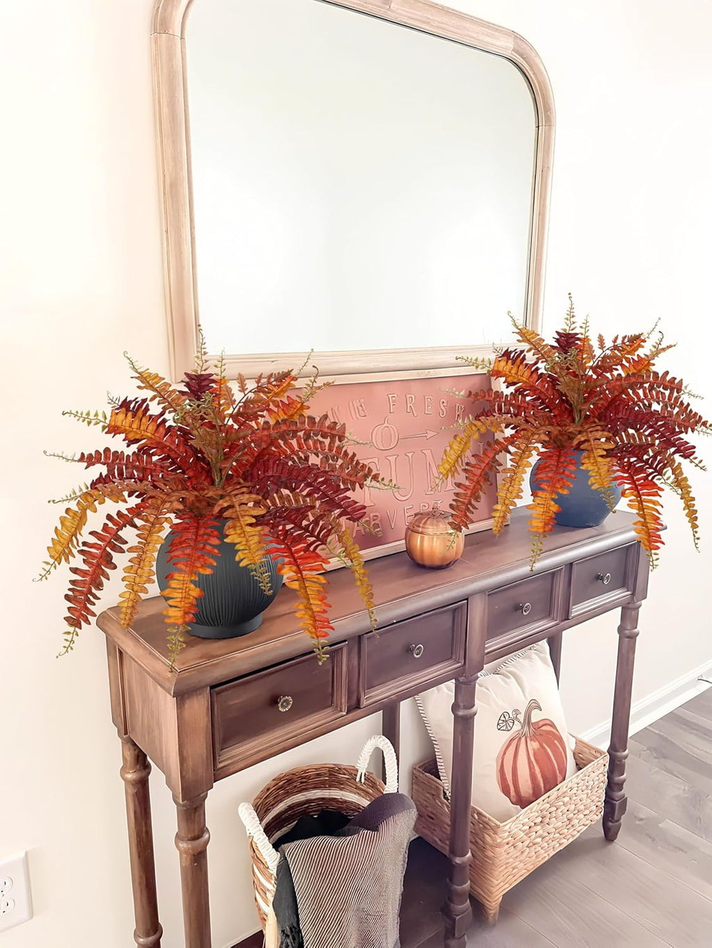 Fall Ferns Artificial Plants 2 Pack Faux Ferns for Outdoor Planter Fake Fall Leaves Stems Artificial Fern Bouquet 2Pack Autumn Shrubs for Table Centerpiece Porch Vase Home Garden Thanksgiving Decor