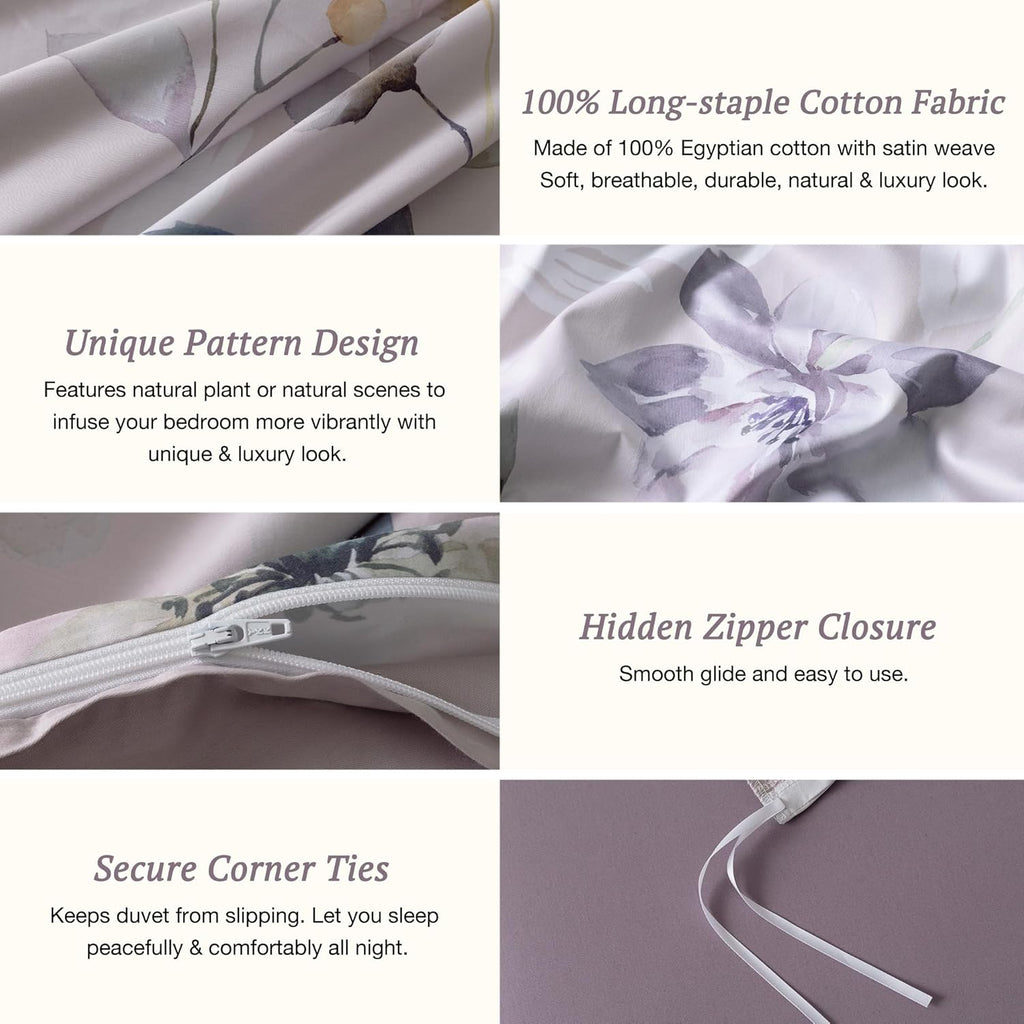 MILDLY 100% Long-Staple Cotton Duvet Cover Set Light Gray Pink Floral Leaf Pattern Printed Comforter Cover 3pcs, Ultra Soft & Breathable Bedding Set
