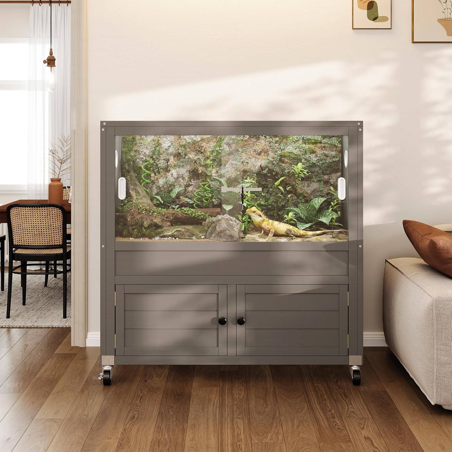 40 Gallon Reptile Tank with Stand,Wooden Bearded Dragon Tank with Large Storage Cabinet,Reptile Enclosure with Lock and Wheels,Snake Tank Also Fit for Lizards,Geckos