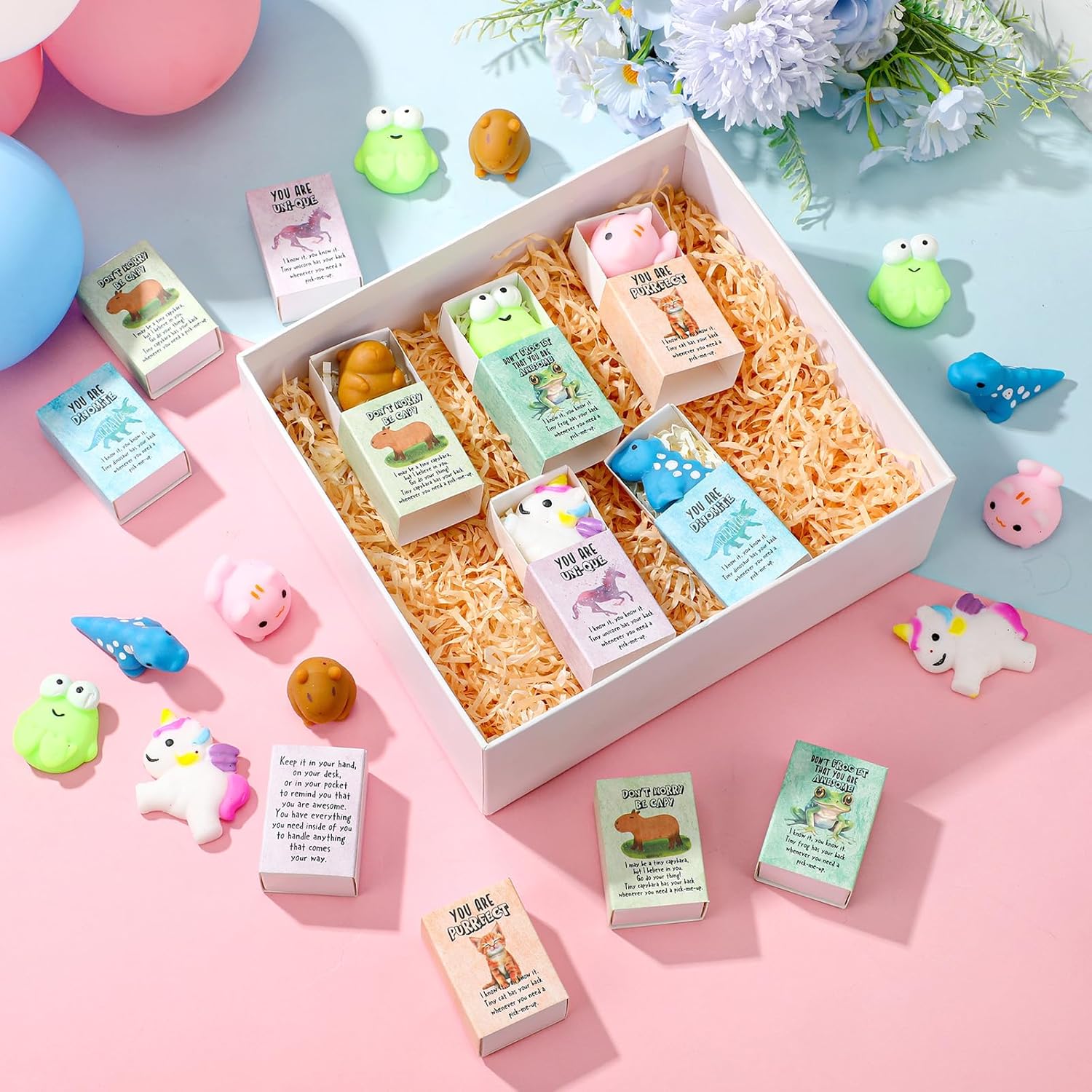 Wettarn 25 Sets Appreciation Gifts Cute Animal Stress Balls with Support Gift Boxes Inspirational Party Favors for Employee Coworker Friends Office Positive Relief Toys