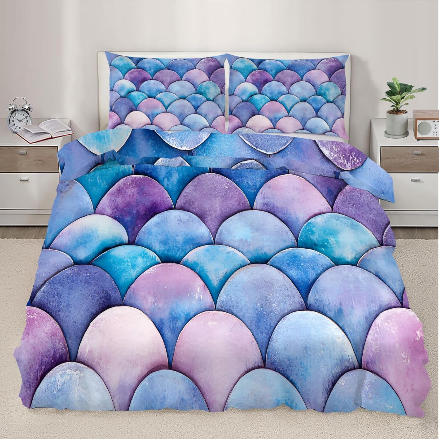 Purple Fish Scales Duvet Cover Oversized King, Colorful Scales Bedding Set 3 Piece Bedroom Decor Dream Fairytale Comforter Cover with Zipper Ties & 2 Pillowcases
