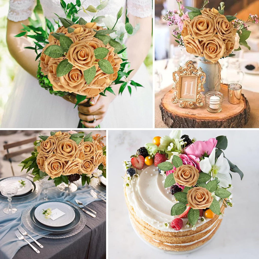 AmyHomie Artificial Flower Gold Rose 25pcs Real Looking Fake Roses w/Stem for DIY Wedding Bouquets Centerpieces Arrangements Party Baby Shower Valentines Day Christmas Tree Decorations