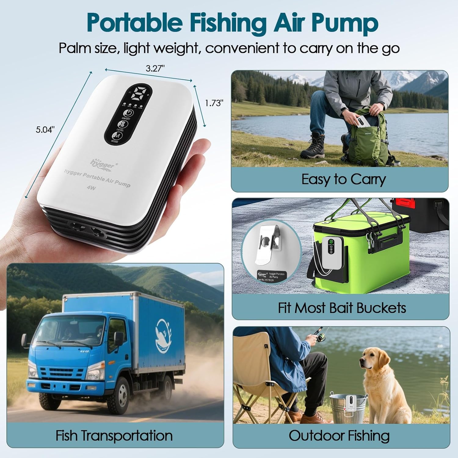 hygger Battery Powered Aquarium Air Pump 10-120Gal, Quiet USB Rechargeable Adjustable Fish Tank Air Pump, Portable Fish Oxygen Aerator Bubbler for Bait Bucket, Outdoor Fishing, Power Outage, Emergency