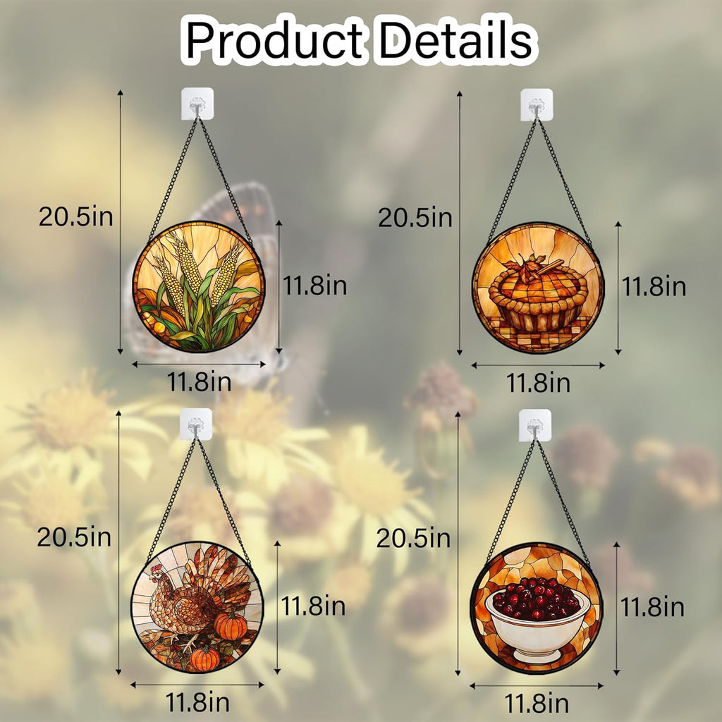 Stained Glass Window Hanging 4 Pcs Set Brown Turkey Berry Corn Large 11.8" - Suncatcher Door Garden Sun Catcher Decor Birthday Thanksgiving Mother's Day for Mom Woman Nana Men