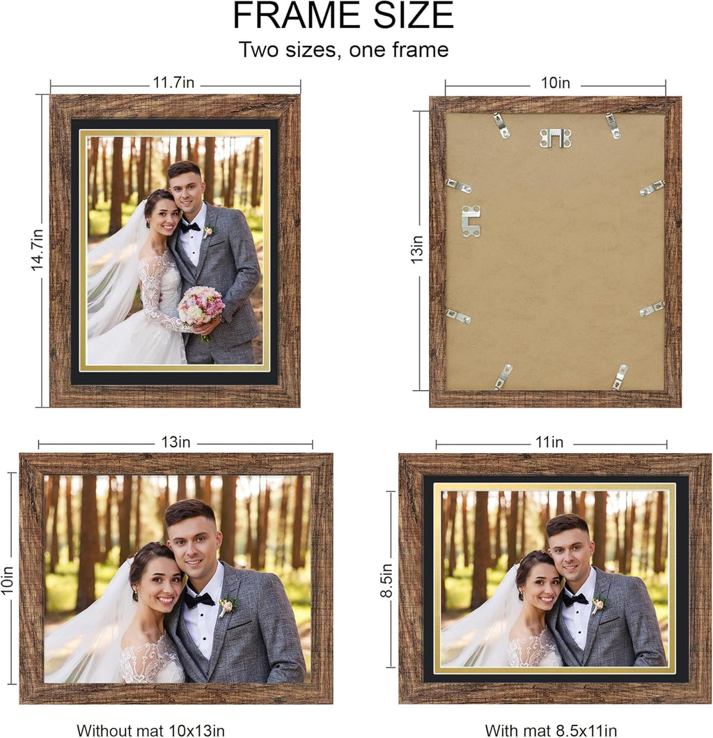 10x13 Picture Frame Set of 4, Made of Real Glass and Rustic Brown Frame, 10 by 13 Photo for Wall or Tabletop - Display Picture 8.5x11 with Mat or 10x13 Without Mat