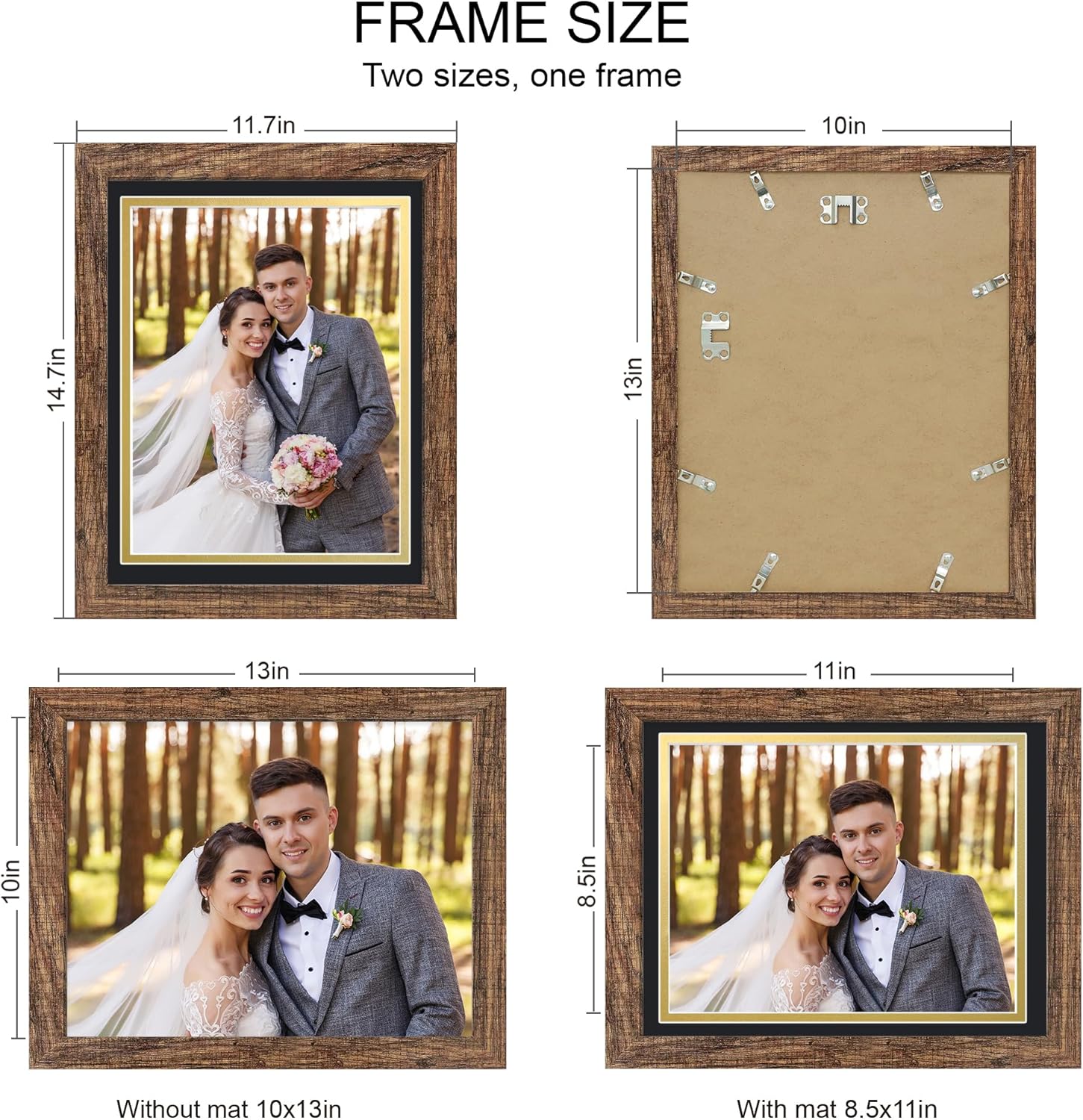 10x13 Picture Frame Set of 4, Made of Real Glass and Rustic Brown Frame, 10 by 13 Photo for Wall or Tabletop - Display Picture 8.5x11 with Mat or 10x13 Without Mat