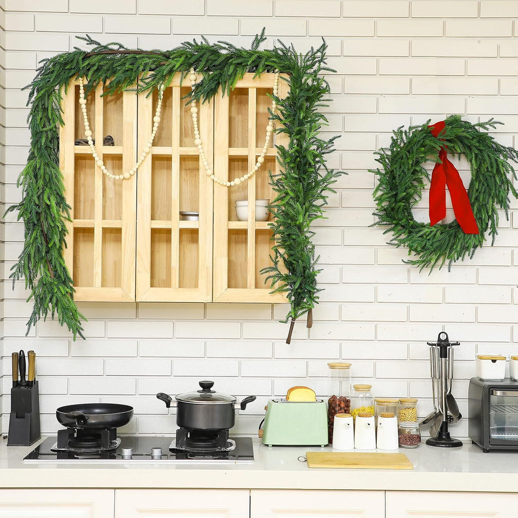 Jutom 1 Pcs 50 Feet Christmas Norfolk Pine Garland Realistic Artificial Faux Greenery Cedar Garland for Mantle Holiday Indoor Outdoor Fireplace Winter Christmas Decorations