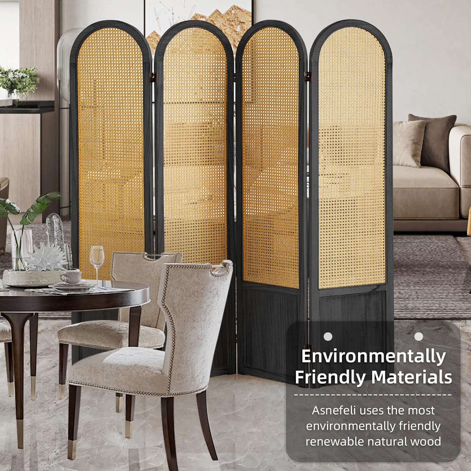 Room Divider 4 Panels, Folding Privacy Screen, Foldable Wood Rattan Room Divider Panel, Portable Partition Screen, Wall Divider for Room Separation Bedroom Home Office Garden Terrace (Black)