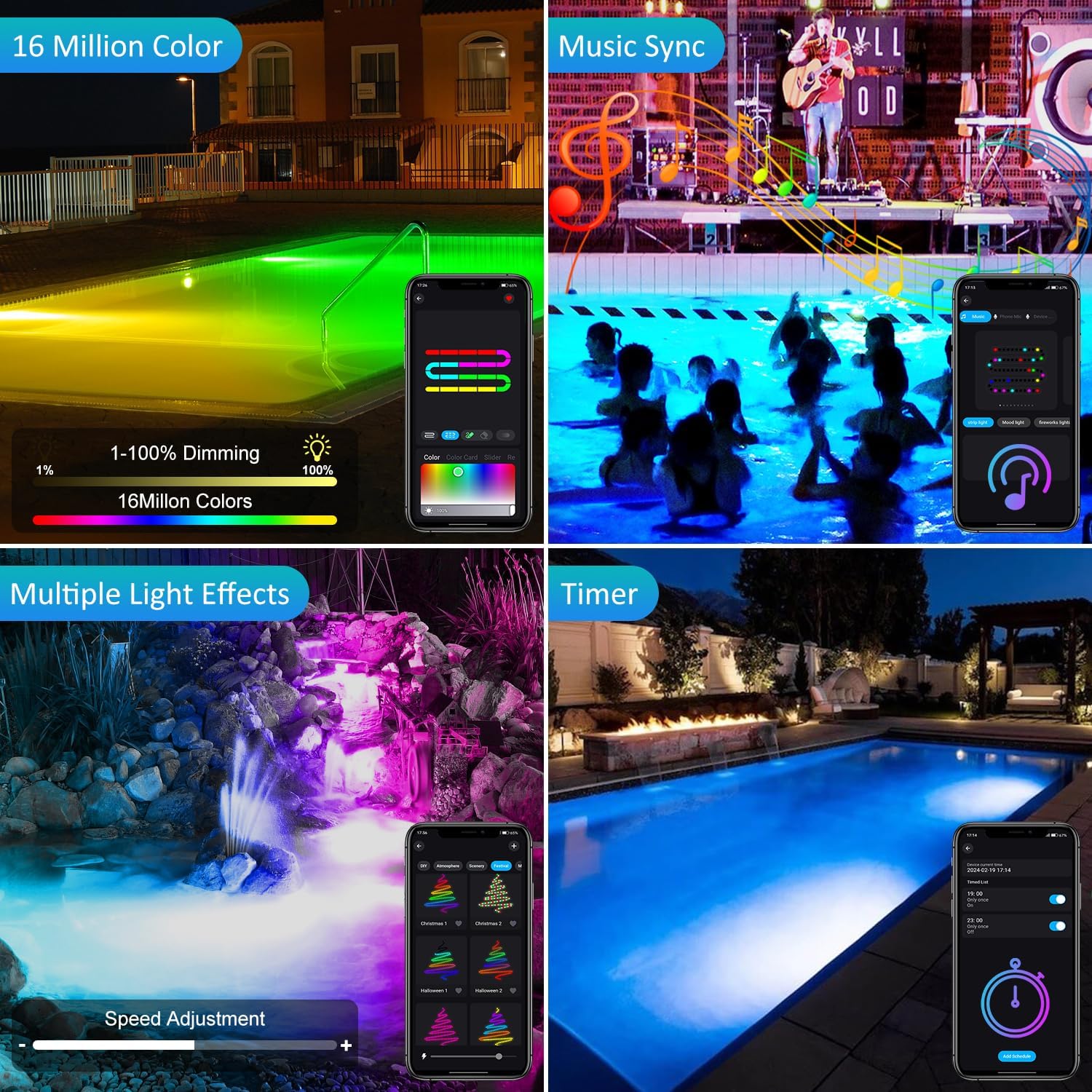 T-SUN Colored Pond Lights with APP and Remote Control – Bright LED Underwater Submersible Fountain Lights, IP68 Waterproof Landscape Spotlight for Garden Koi Pond Aquarium Fish Tank (Set of 4)