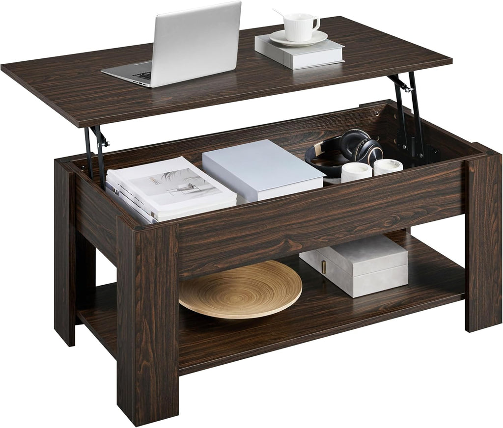 Yaheetech Lift Top Coffee Table with Hidden Compartment and Storage Shelf, Rising Tabletop Dining Table for Living Room Reception Room, 38.6in L, Espresso
