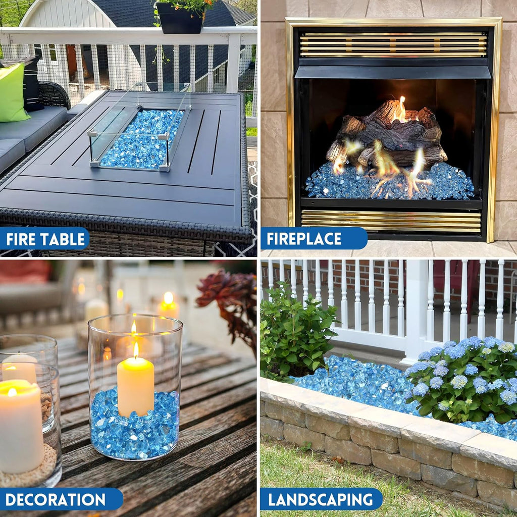 GasSaf 1/4 Inch Fire Glass Reflective Tempered Fireglass Cut Crushed FireGlass for Fire Pit, Fireplace, Replaces Existing Gas Logs & Lava Rocks (20 Pound)(Pacific Blue Reflective)