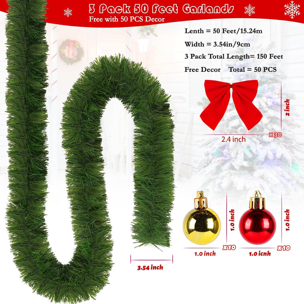 3 Pack 150FT Christmas Garland for Christmas Decoration, Non-Lit Soft Greenery Holiday Decor for Outdoor Indoor Artificial Christmas Twist Garland Home Artificial Greenery Wedding Party Decoration